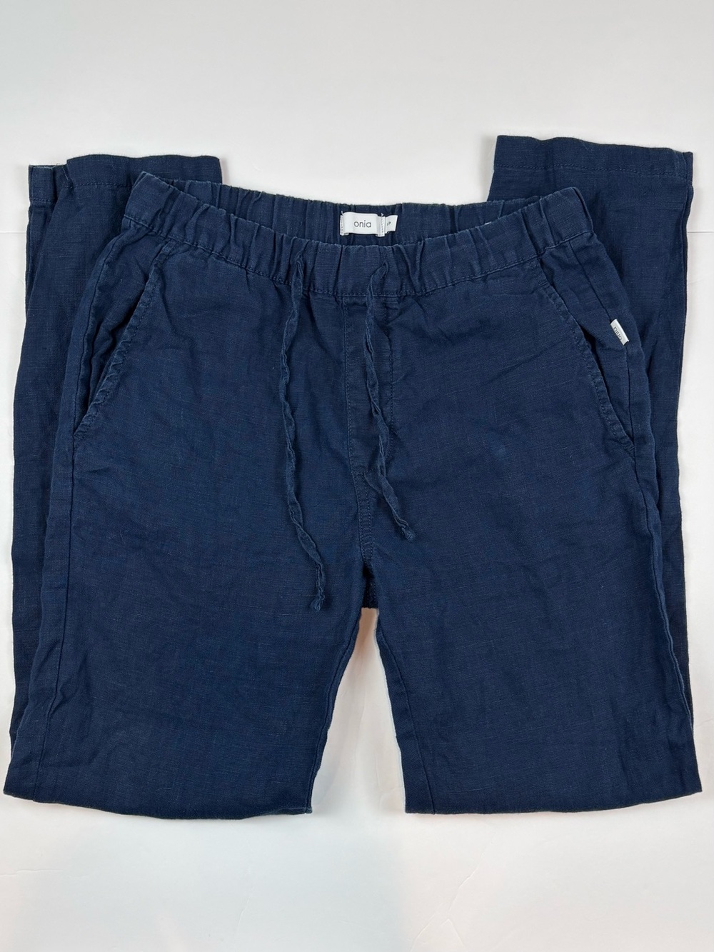 Onia Women's Pants 100% Linen Navy Blue Straight Leg Pull-On Coastal Size Small